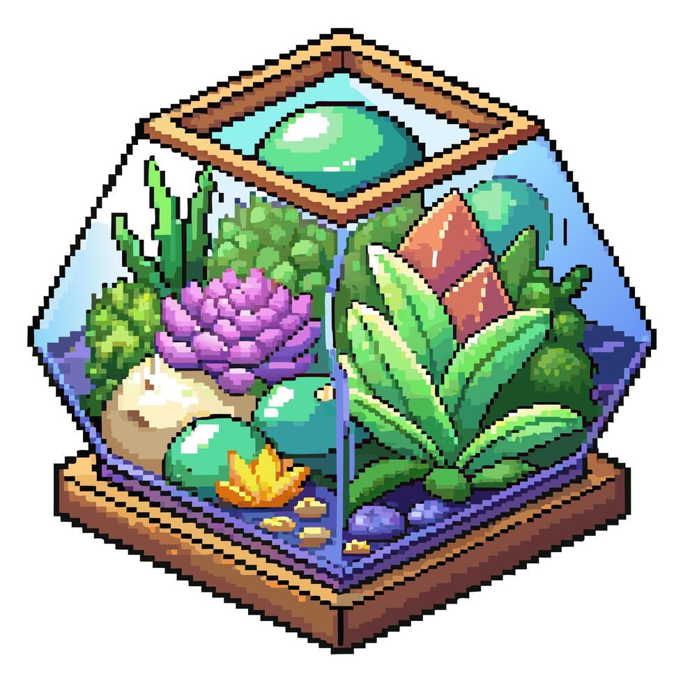 Isometric Pixel Art Terrarium with Succulents and Rocks vector