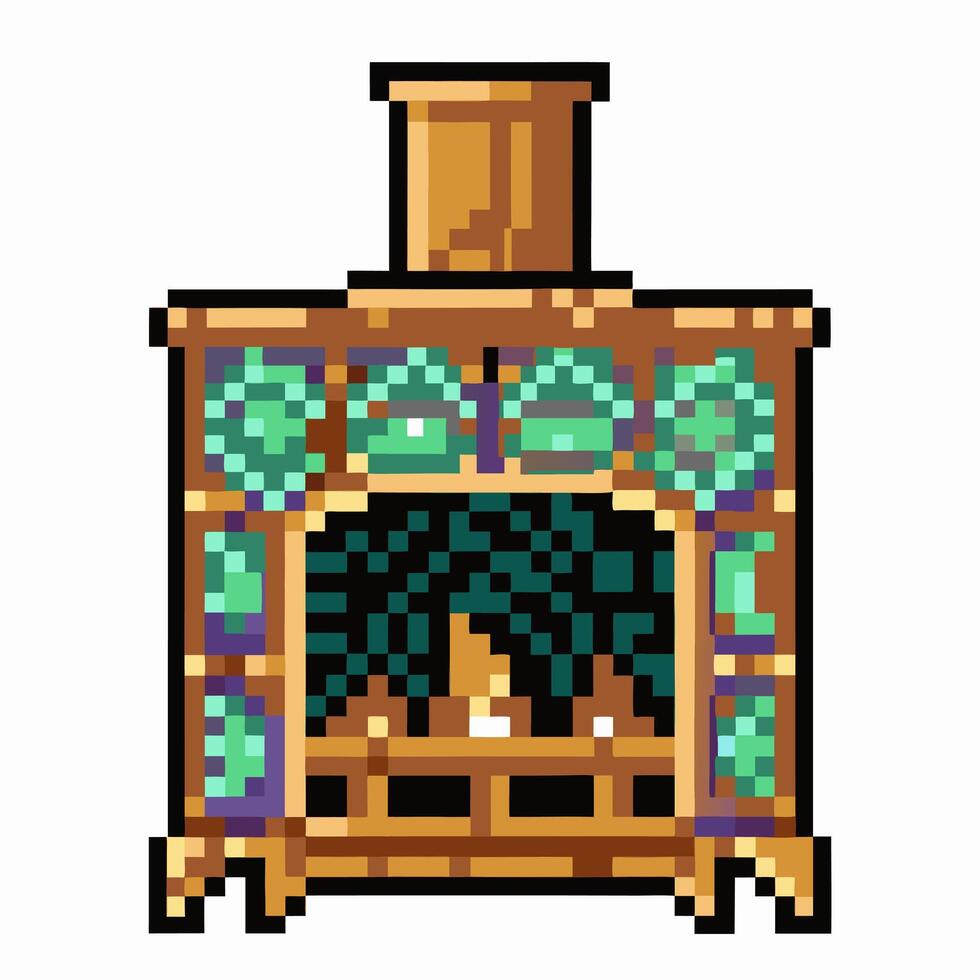 Pixel Art Vintage Fireplace with Cozy Hearth and Chimney Design vector