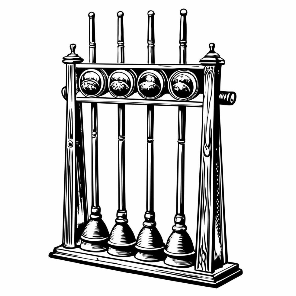 Vintage Pool Table Rack with Balls and Cues Black and White Illustration vector