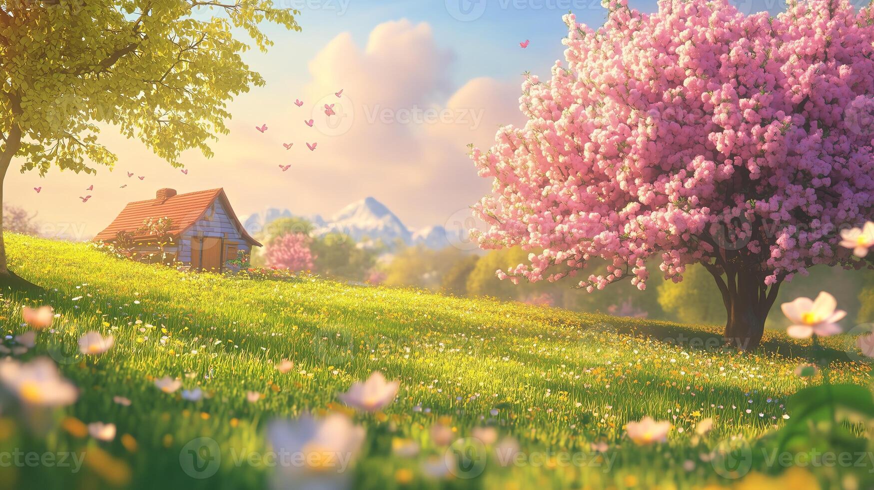 Experience the first day of spring with blooming flowers, soft sunlight, and vibrant green grass, creating a serene and refreshing atmosphere. photo