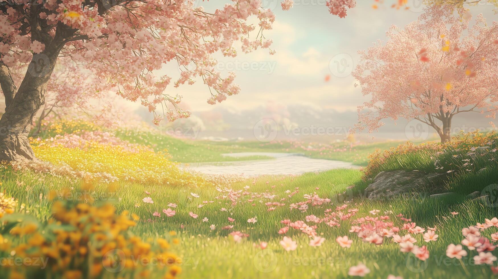 The beauty of spring unfolds with colorful blossoms, warm pastel tones, and clear skies, welcoming a fresh and joyful season. photo