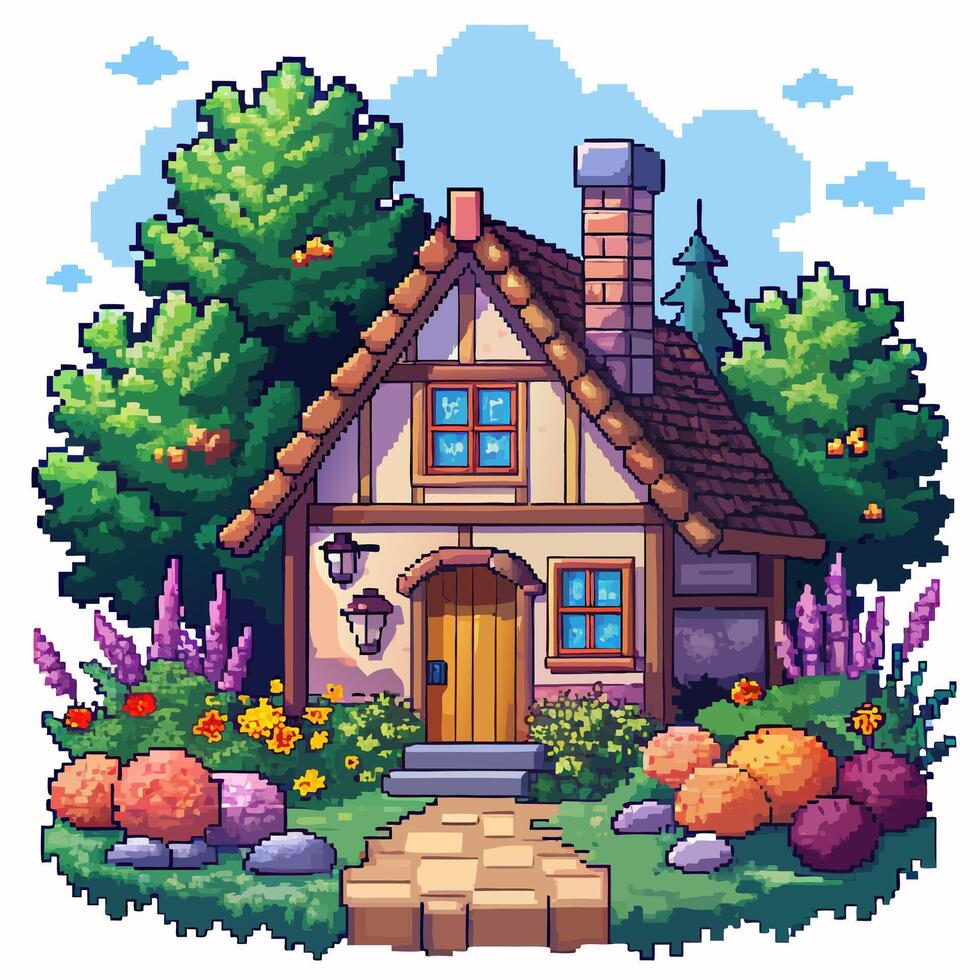 Charming Cottage Illustration with Lush Garden and Vibrant Flowers in Retro Pixel Art Style vector