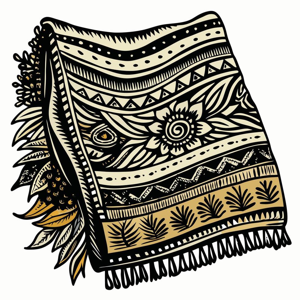Boho Style Hand Drawn Tribal Tapestry with Intricate Patterns and Fringe Details vector