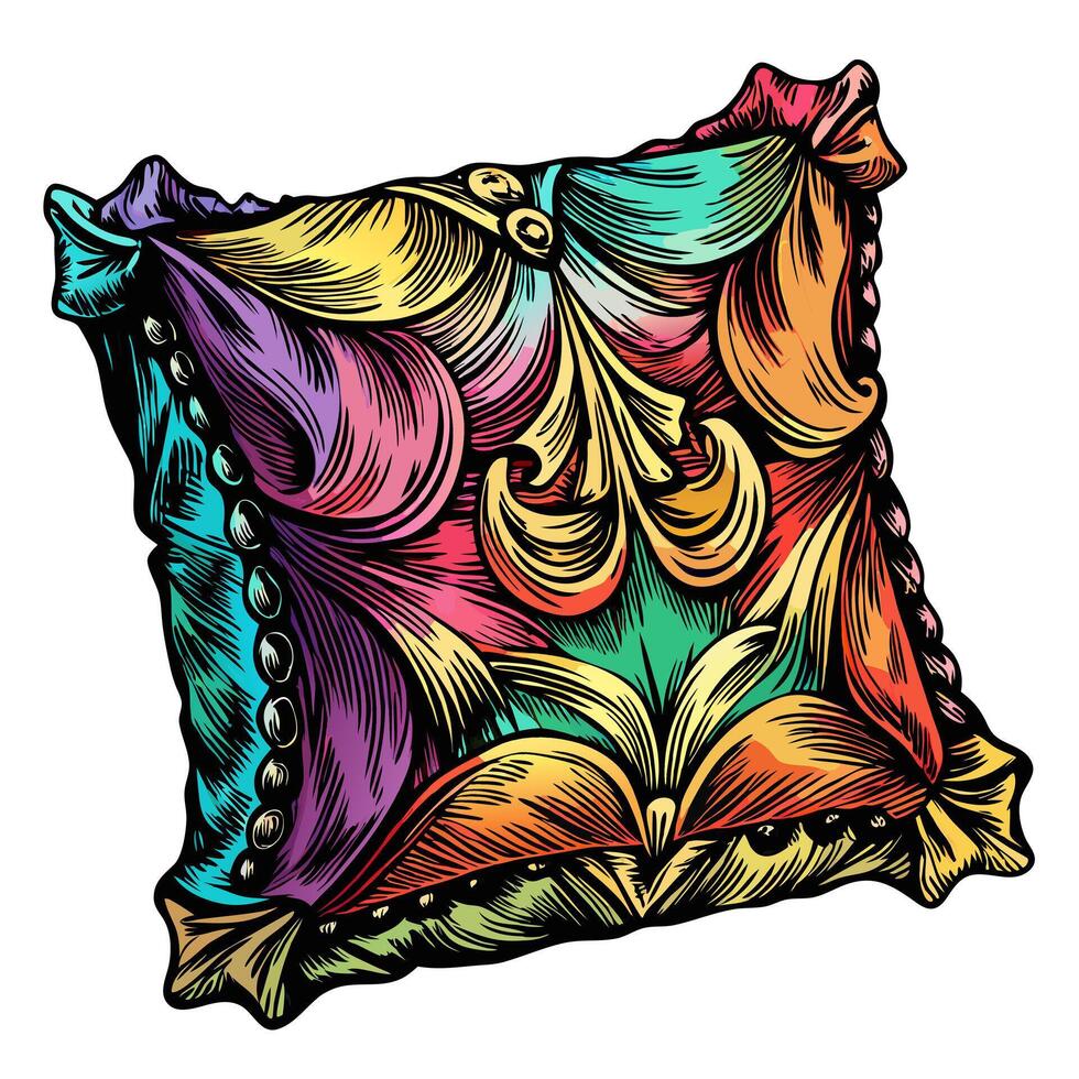 Vibrant Decorative Cushion with Floral Ornaments in Vintage Style vector
