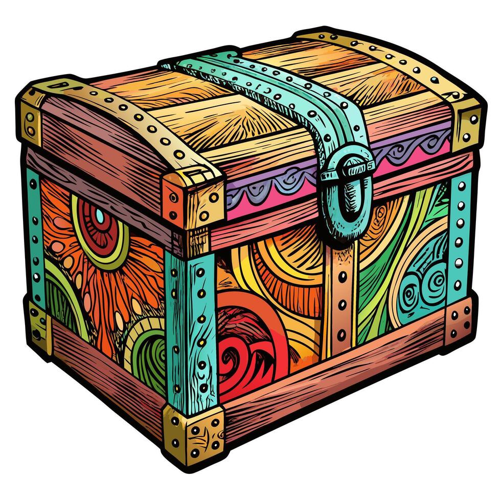 Vibrant Artistic Treasure Chest with Floral and Abstract Patterns vector