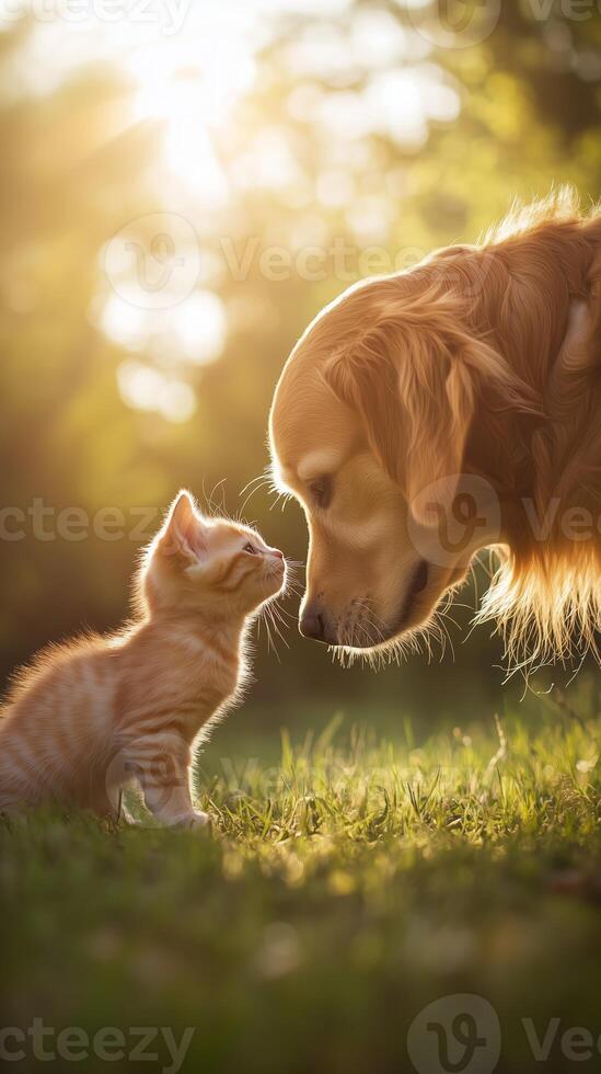 A cat and dog sharing a tender moment in a sunlit setting. animal bonding photo