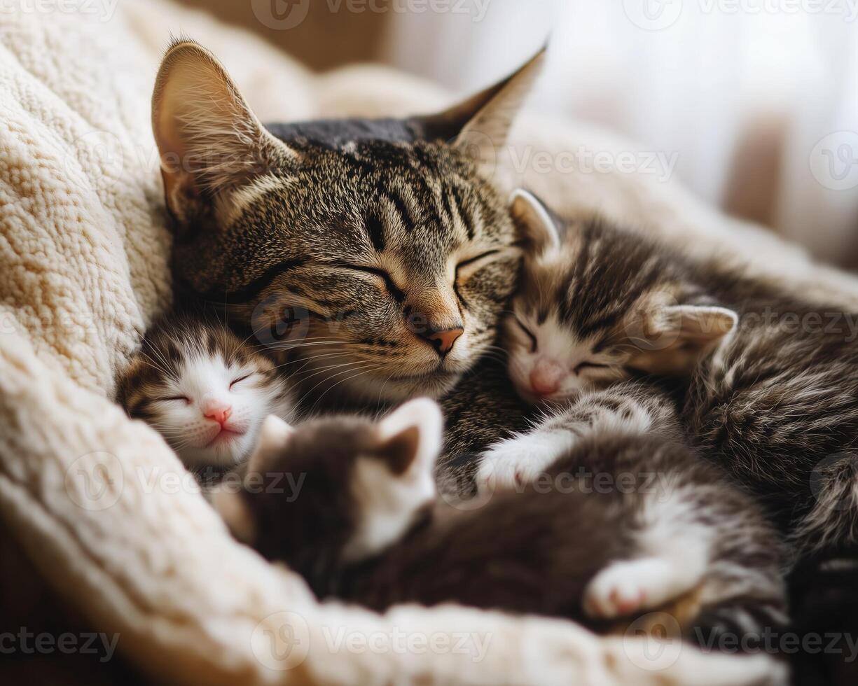 A mother cat cuddling with her adorable kittens in a cozy setting. animal bonding photo