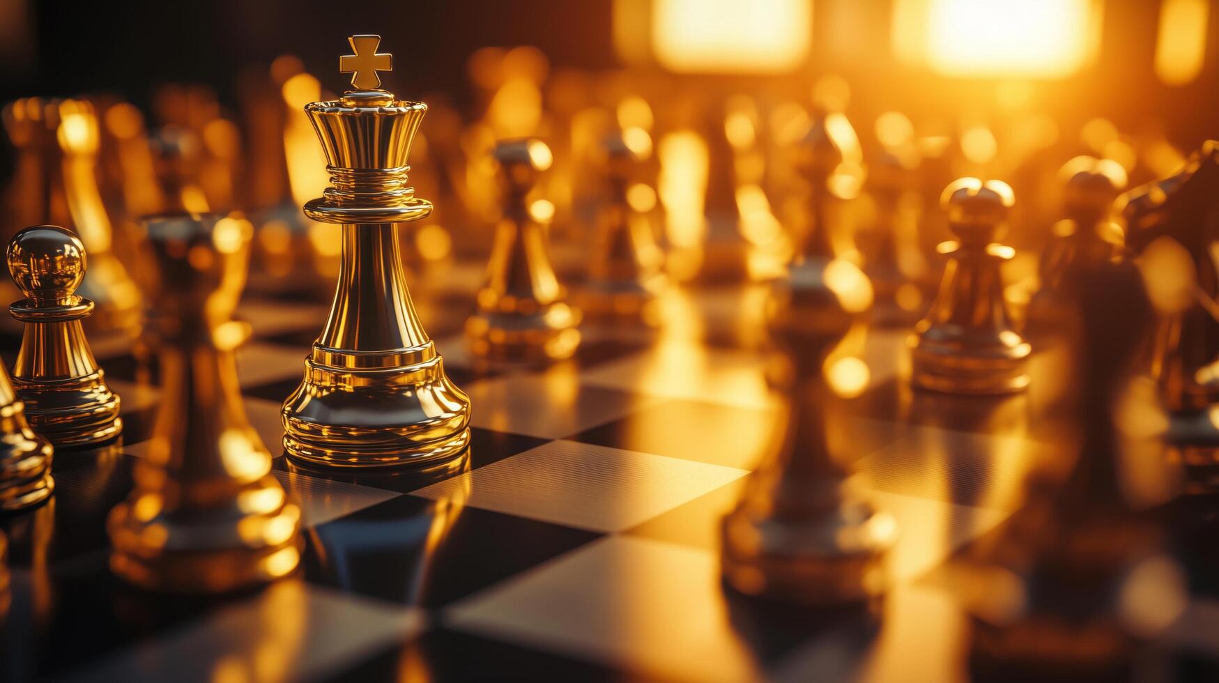 Golden chess pieces on a chess board with the sun shining photo