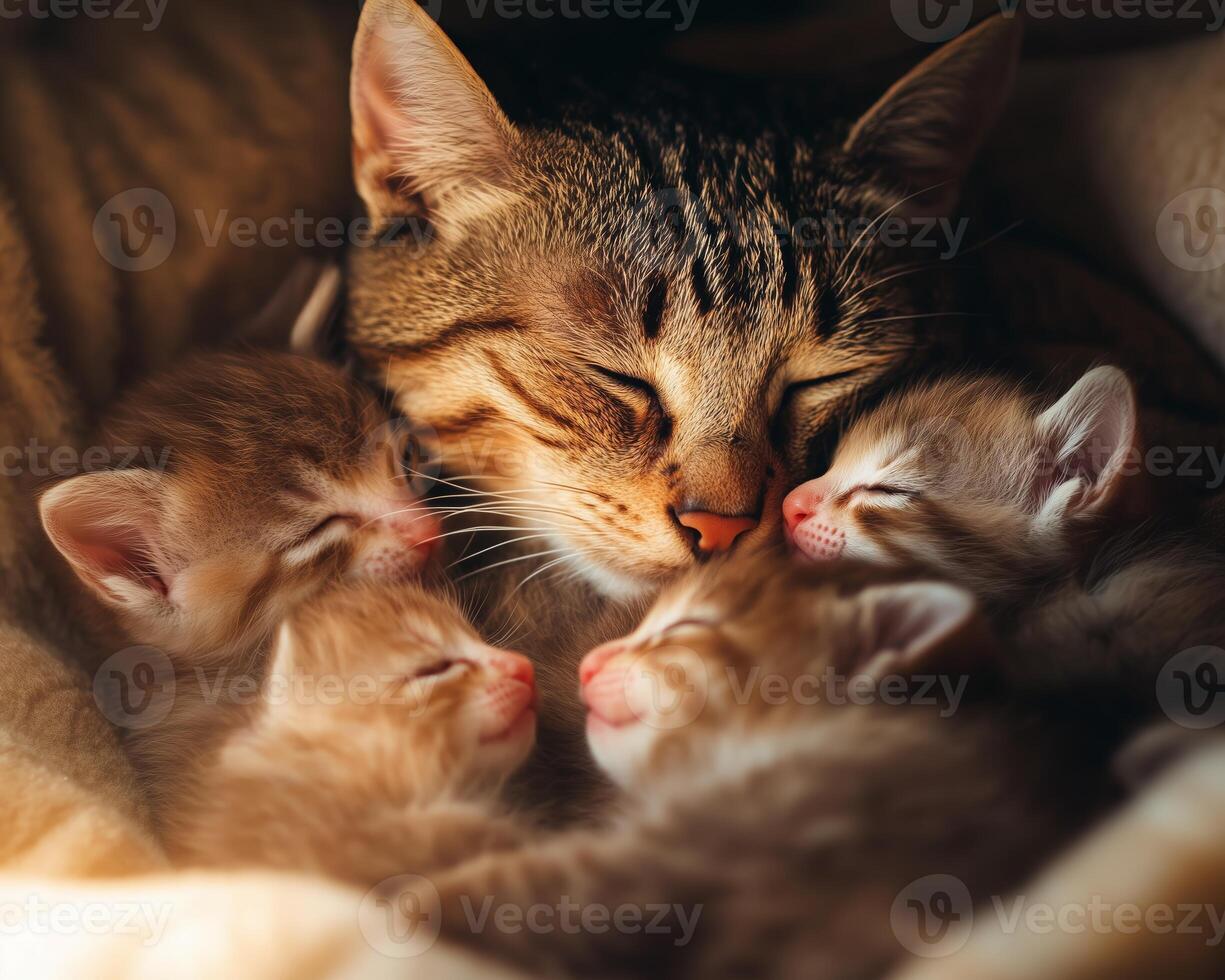A mother cat sleeping with her adorable kittens in a cozy setting. animal bonding photo