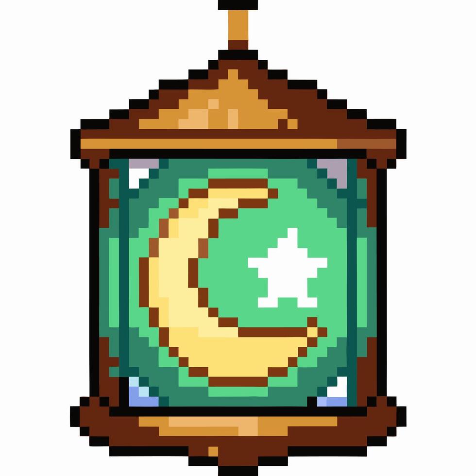 Pixel Art Lantern with Crescent Moon and Star Retro Style Icon for Seasonal Celebration vector