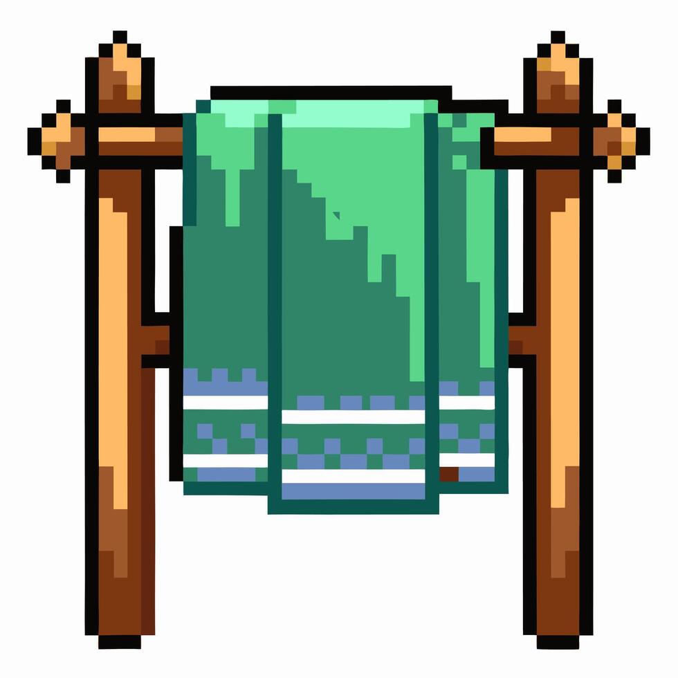 Pixel Art Wooden Towel Rack with Green Towel Retro Home Decor Illustration vector