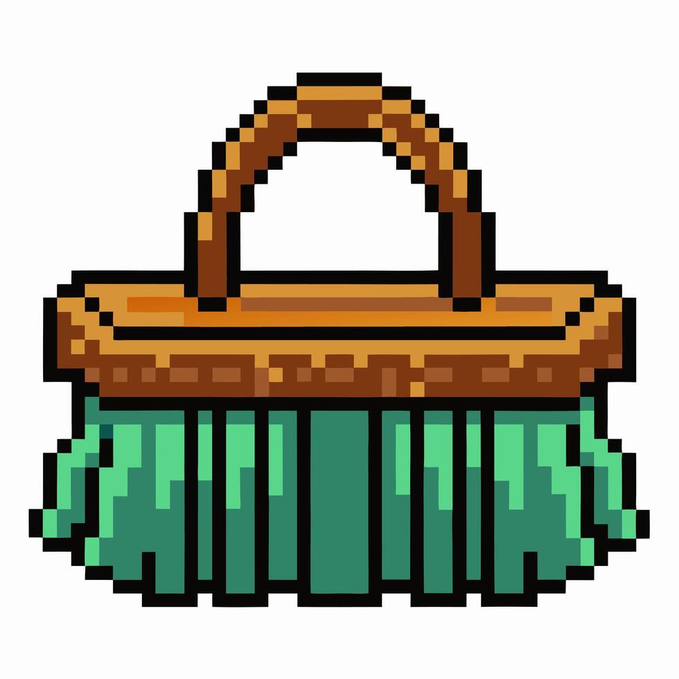 Retro Pixel Art Basket Illustration with Wooden Handle and Green Detailing vector