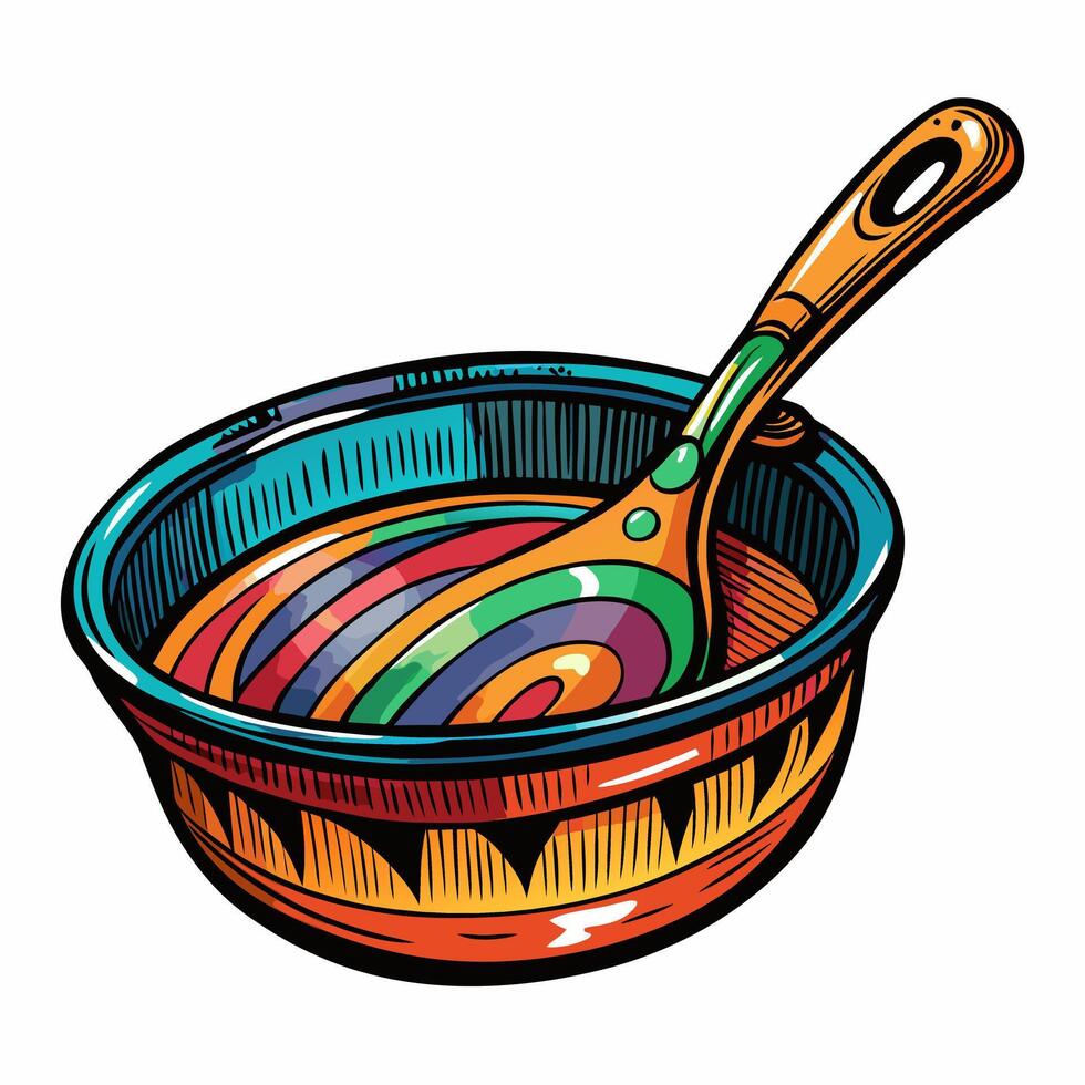 Colorful Handcrafted Bowl with Decorative Ladle Vibrant Folk Art Design vector