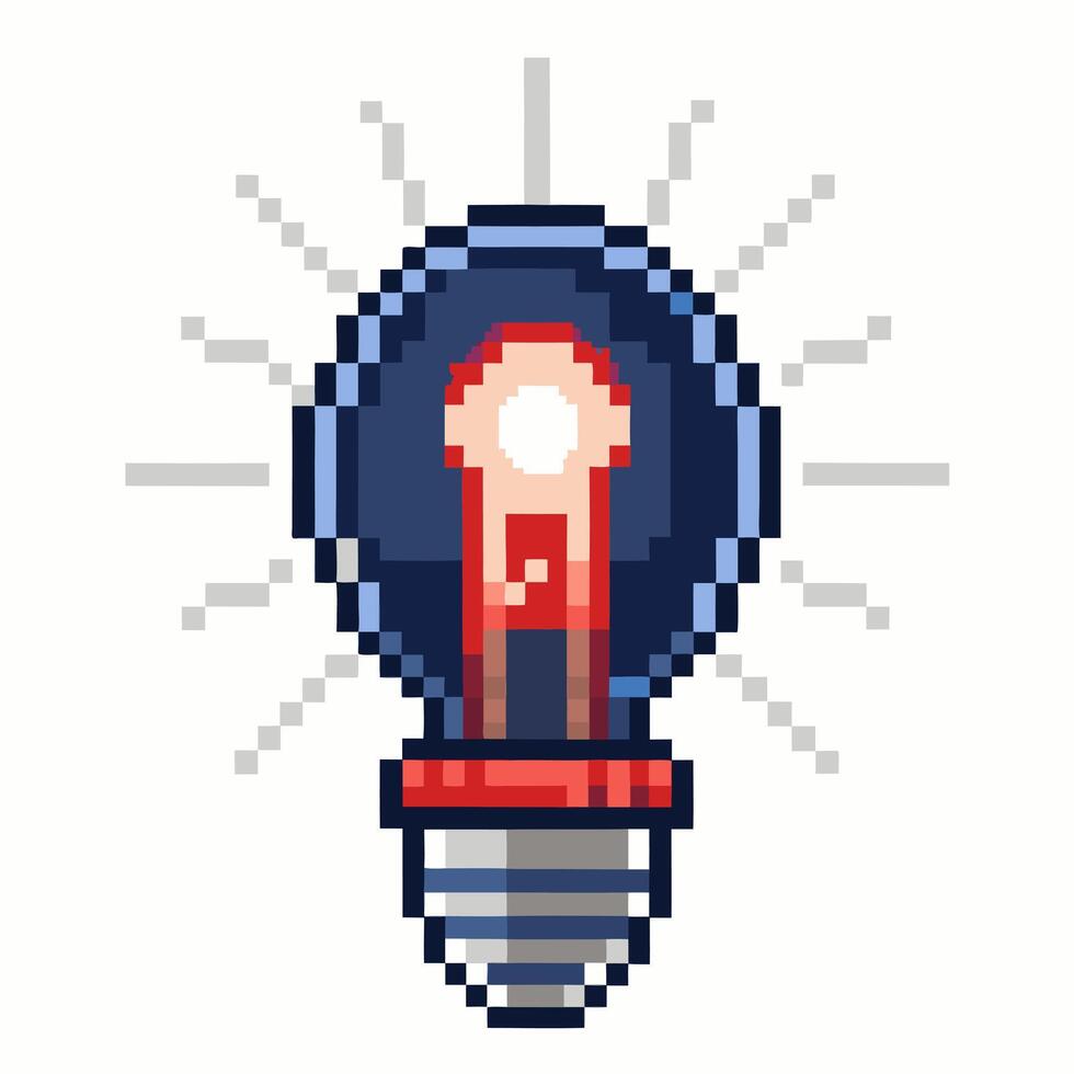 Pixel Art Lightbulb Icon with Radiating Light in Retro 8 Bit Style vector