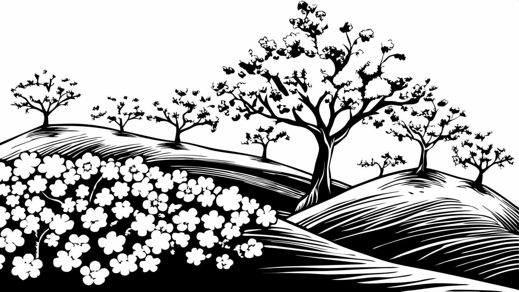 Black and White Floral Landscape with Trees and Blossoming Flowers in Vintage Style vector