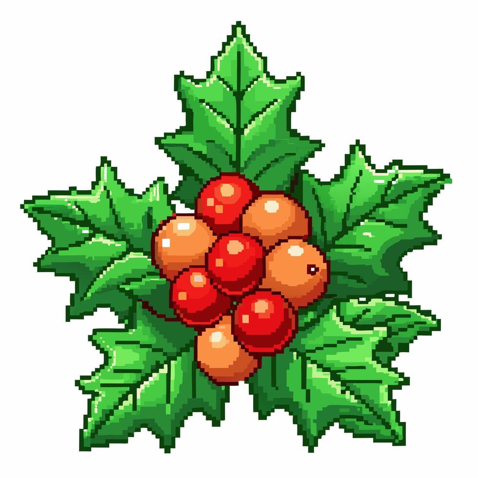 Pixel Art Holly Leaves and Berries Retro Christmas Design vector