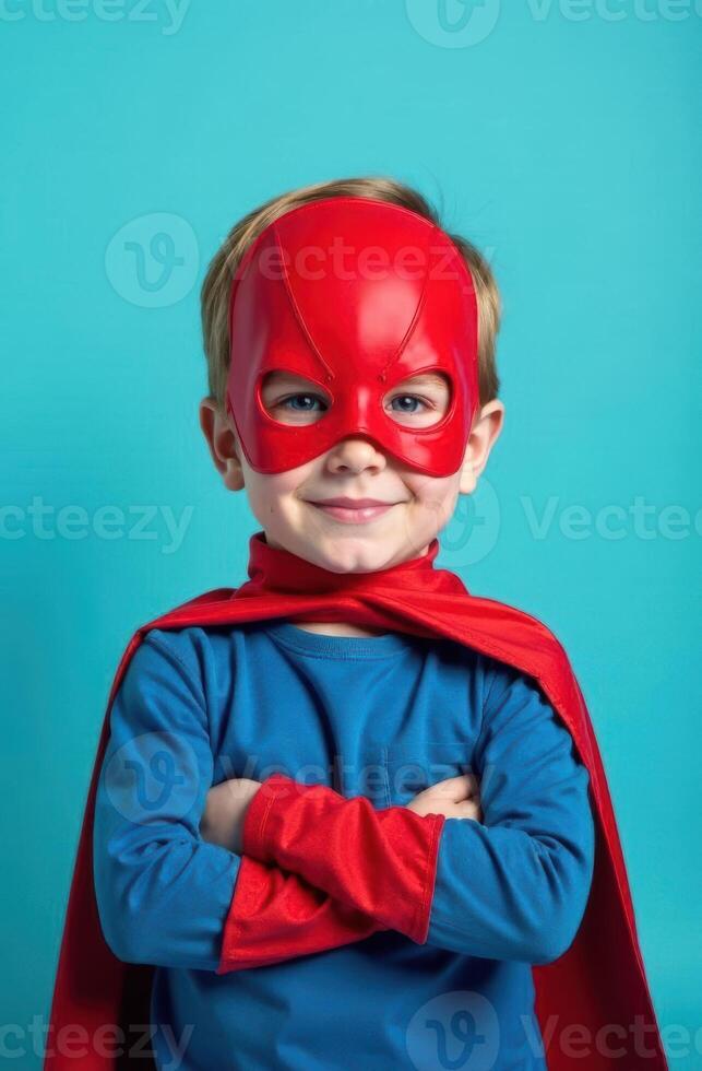 Superhero kid smiling with crossed arms on blue background photo