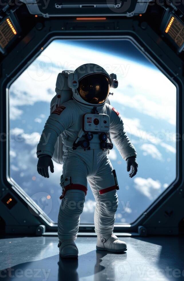 Astronaut standing near window in spacecraft showing planet earth photo