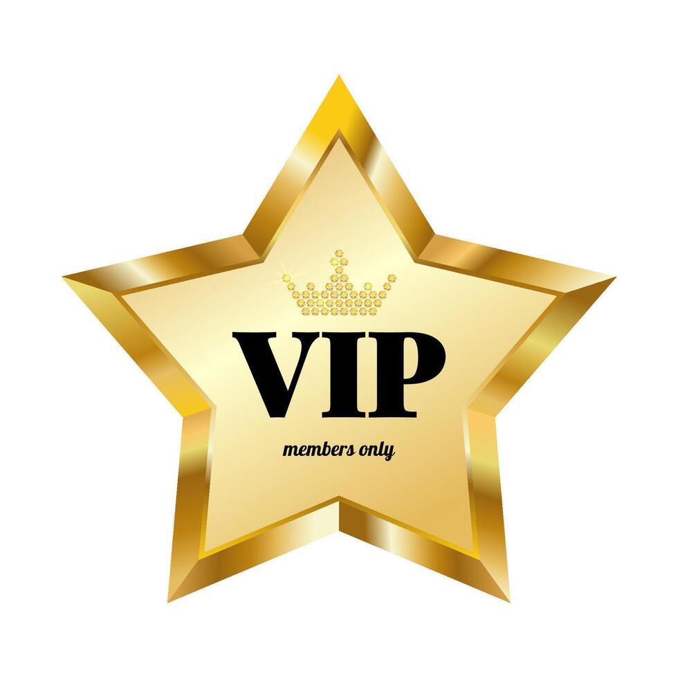 Gold VIP star with diamond crown. Five pointed clip art. illustration on white background vector
