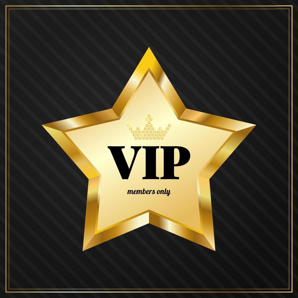 Gold VIP star with diamond crown. Five pointed card. illustration on black background vector