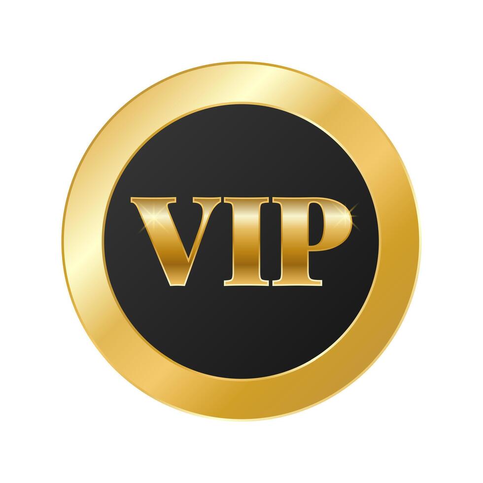 Round golden VIP text element with premium shine effect. Black sticker on white background. illustration vector