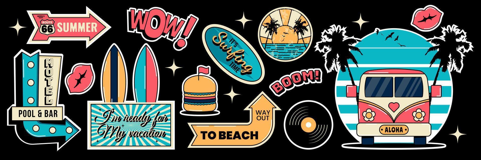 Retro summer party or vacation sticker set. Motel signboard, van, cactus, burger, lips, palm trees and more. illustration on black background vector