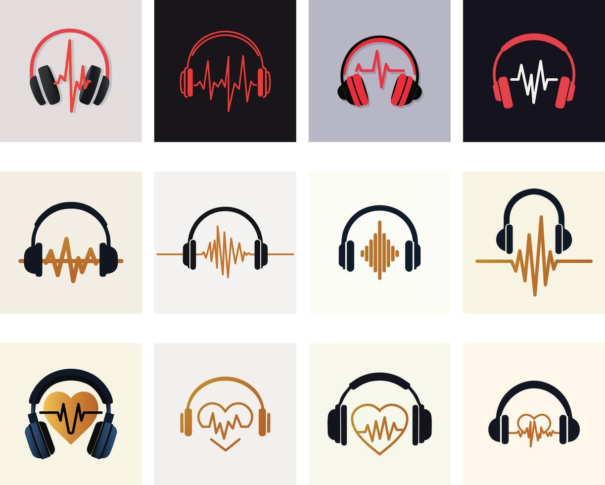 Headphone and Sound Wave Logo Set Music, Audio, Heartbeat, DJ Icon Collection vector