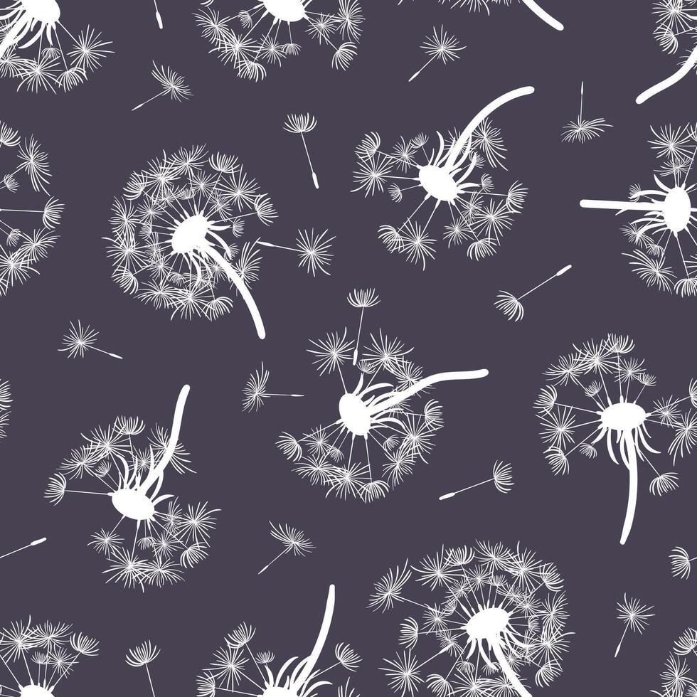 A seamless pattern featuring fluffy dandelion silhouettes with seeds drifting across a dark background, creating a captivating and stylish design perfect for textiles, wallpapers, creative projects. vector