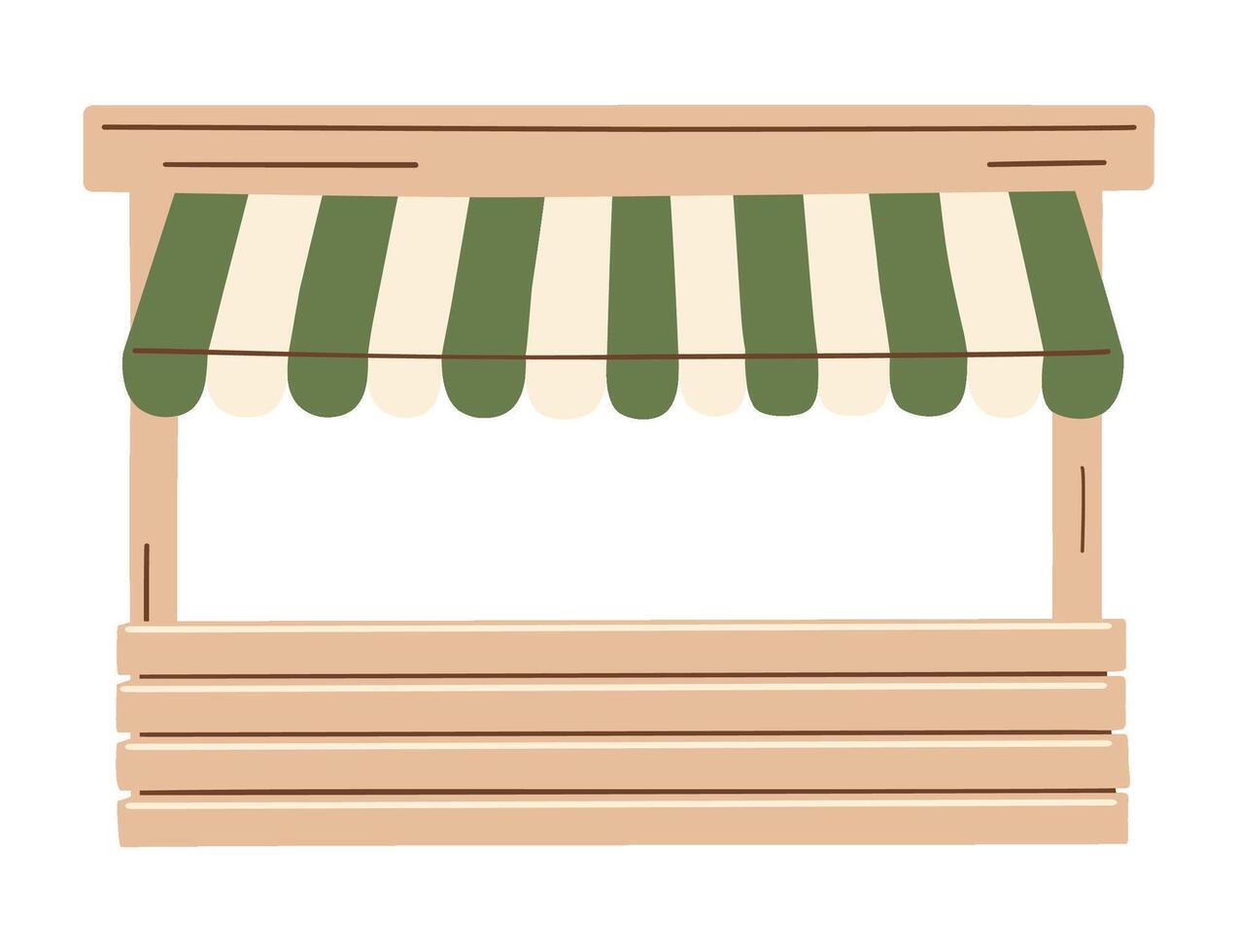 Market stall, wooden vendor stand with green striped awning, rustic farmers market booth, , craft fair shop, street food kiosk hand-drawn small business storefront design. illustration. vector