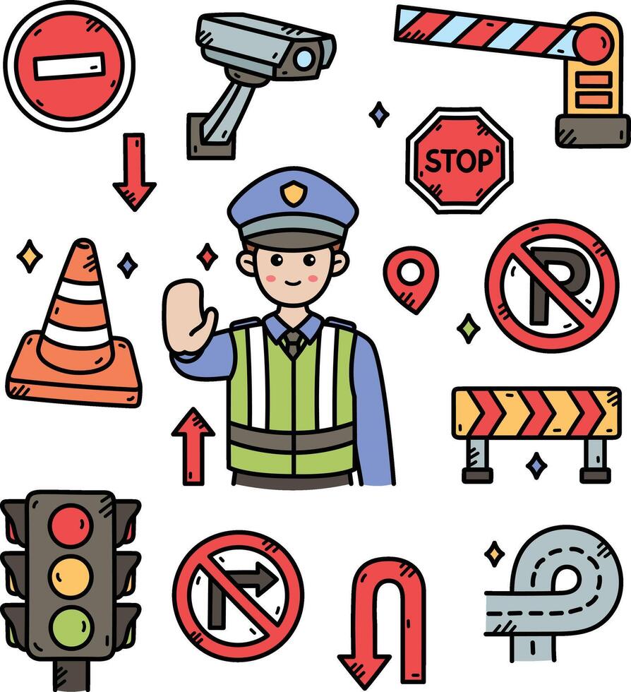 traffic signs and symbols set, including a traffic light, stop sign, and traffic light vector