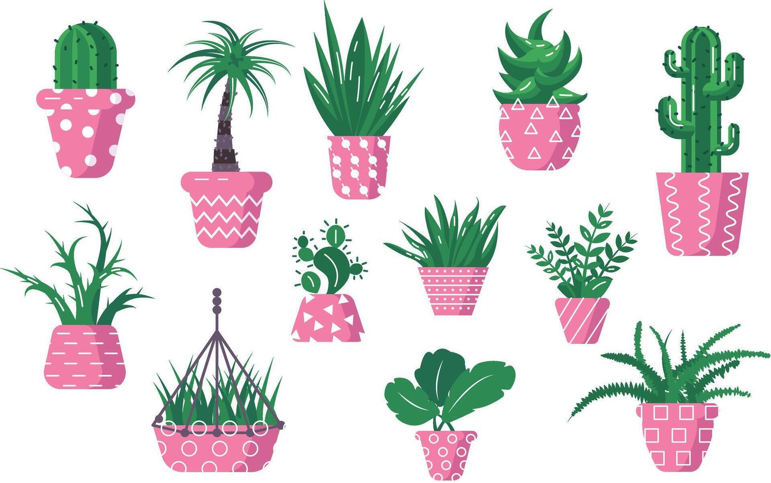 pink potted plants and succulents in different shapes vector