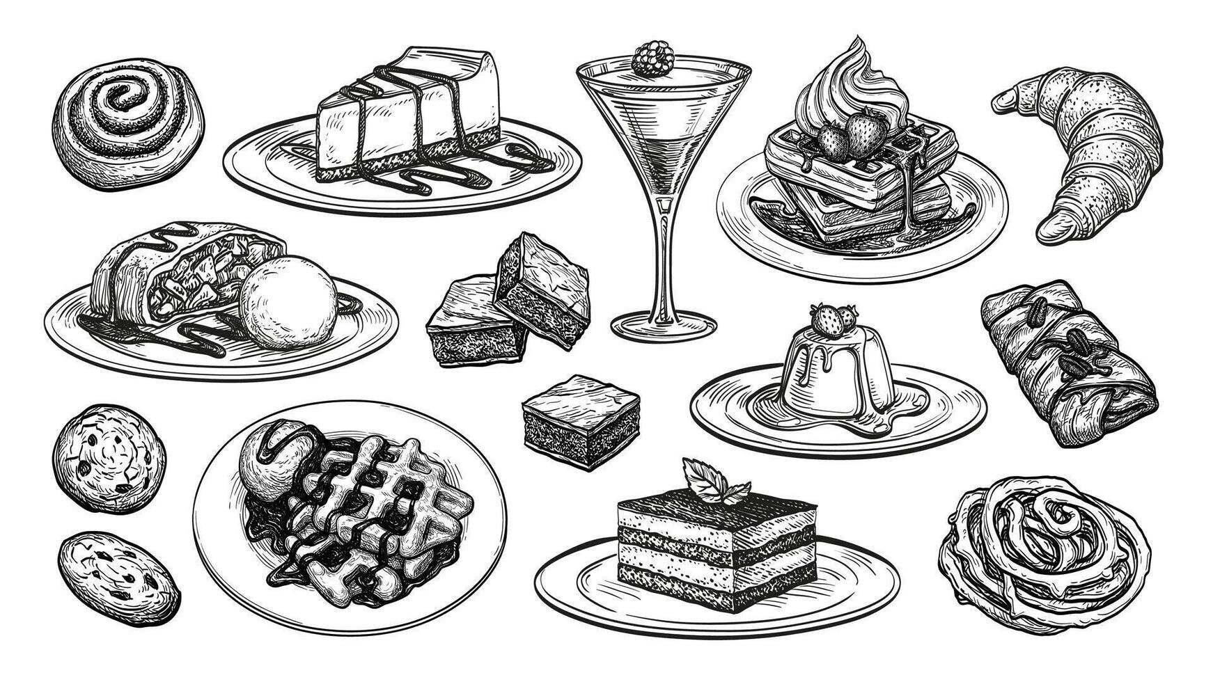 15 Desserts And Pastry Illustrations in an ink sketch style. vector