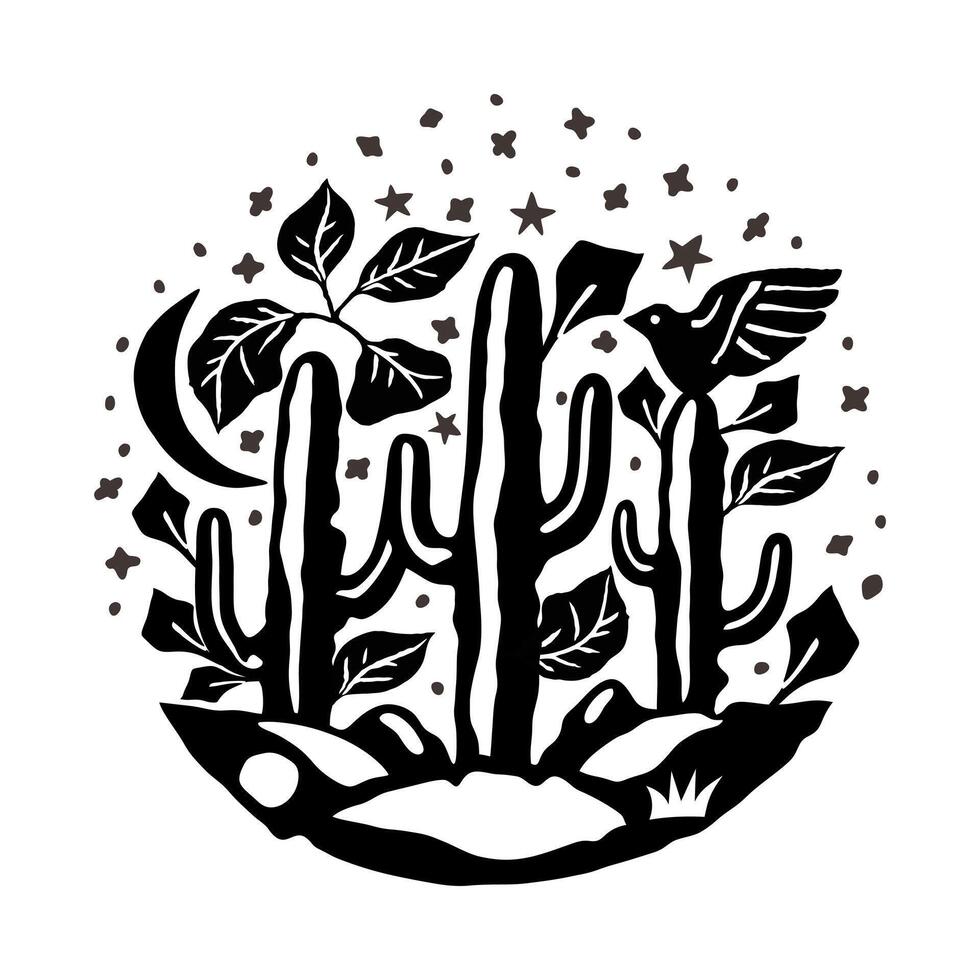 Lamdscape with cacti aid bird in a circle. Brazilian northeast cordel style. Woodcut illustration vector