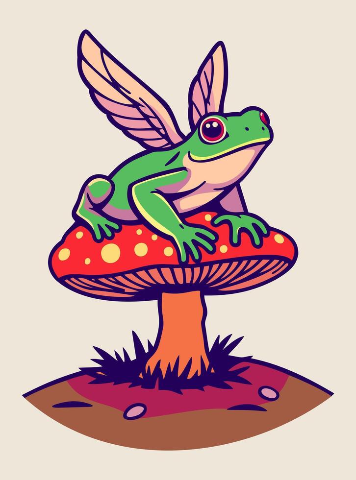 Winged toad sitting on fly agaric. isolated illustration vector