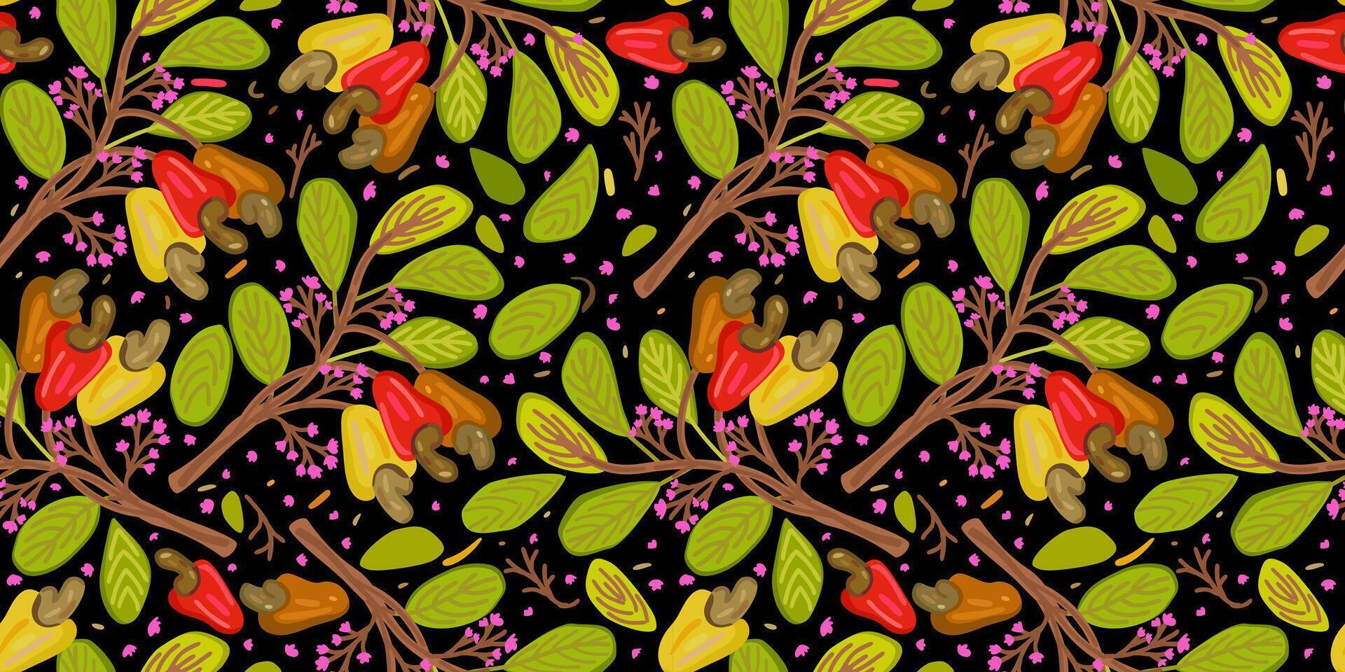 Colorful floral seamless pattern with cashew branches on black background vector