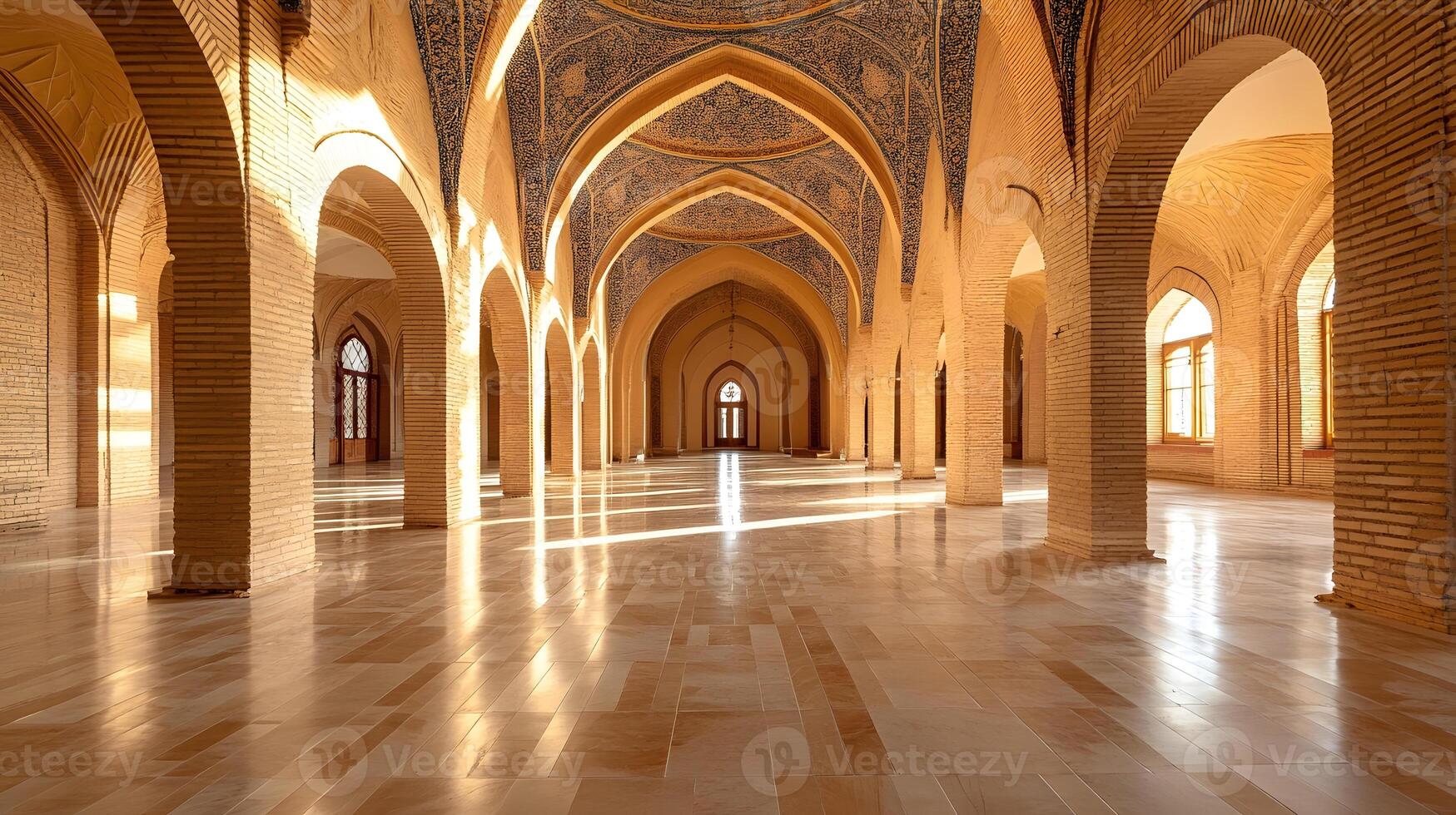 A long hallway with arches and arched windows photo