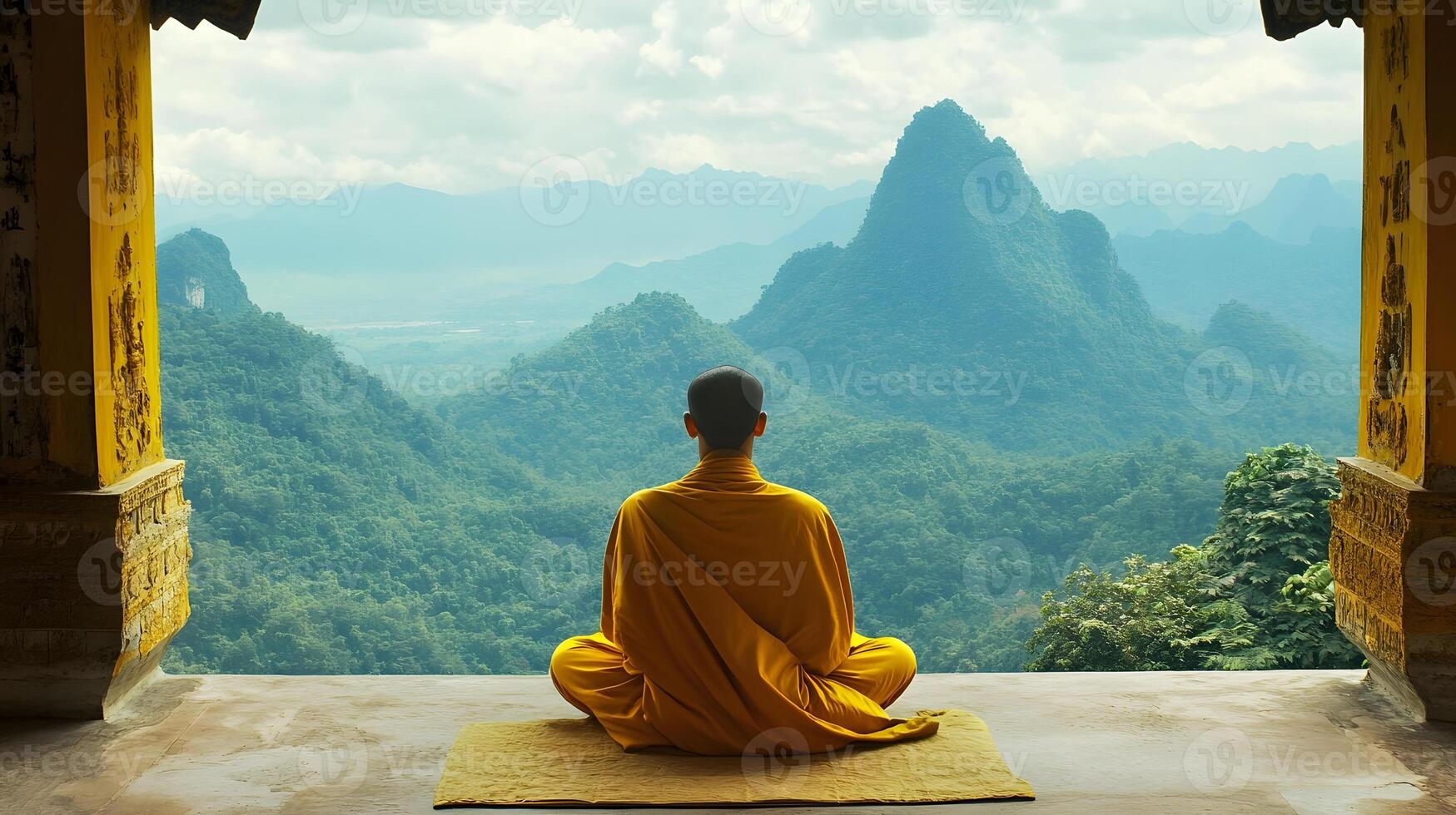 A monk sitting in meditation in front of a window overlooking a mountain range photo