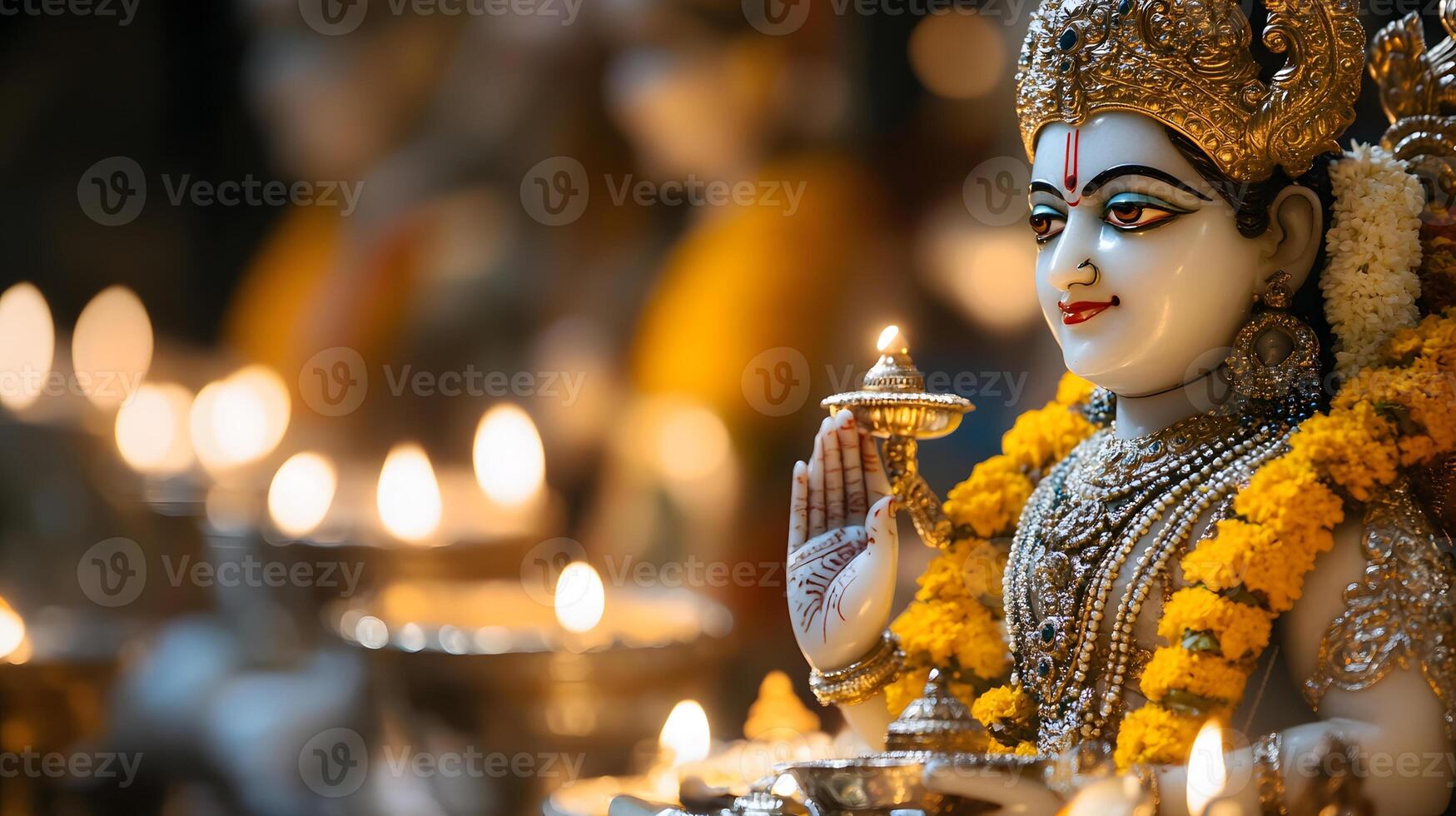 A statue of lord krishna is lit with candles photo