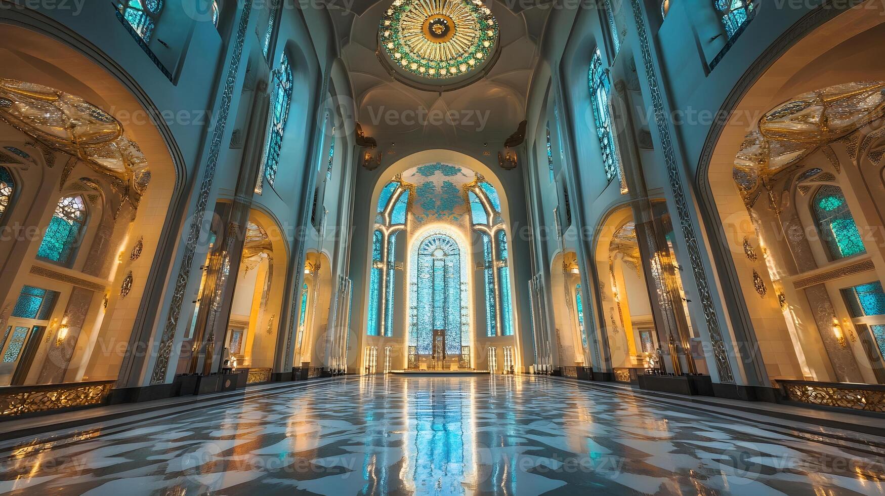 A cathedral with a large dome and a floor with a marble floor photo
