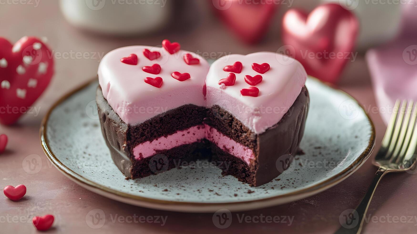 A heart shaped cake with pink frosting and red sprinkles photo