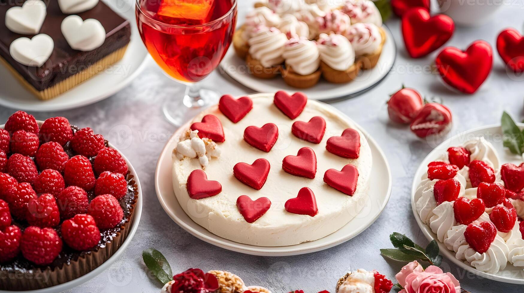Various cakes and desserts with hearts on them photo