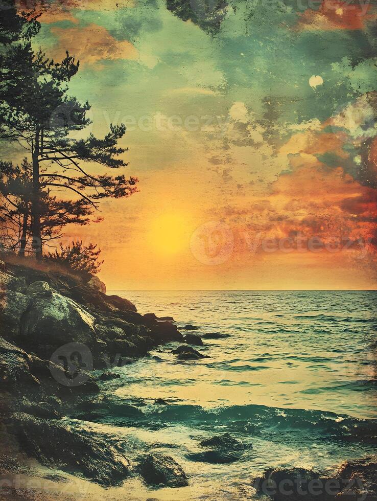 A sunset over the ocean with a tree on the shore photo