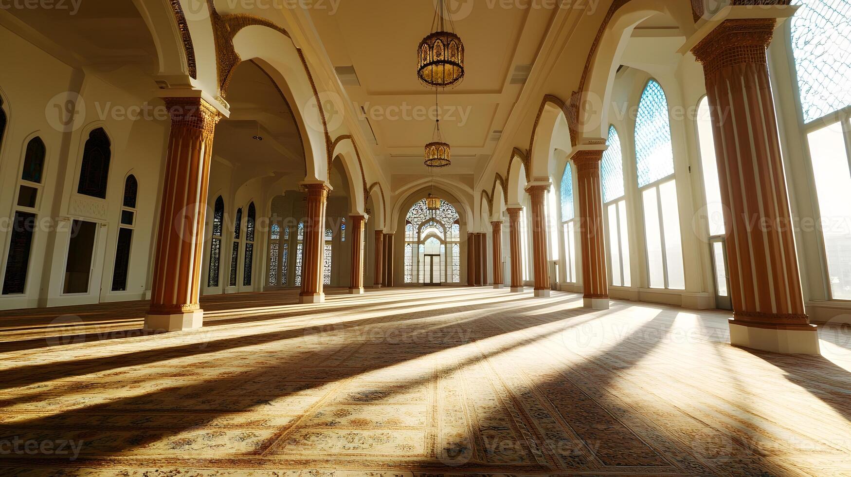 A large empty room with many windows and a large archway photo