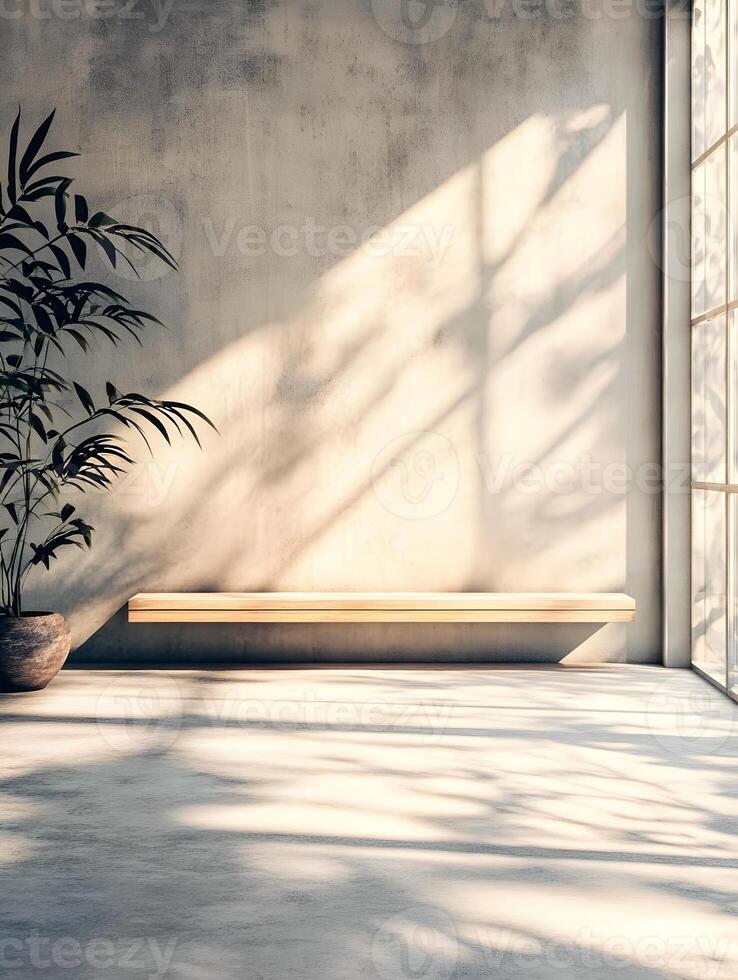 An empty room with a large window and a plant photo