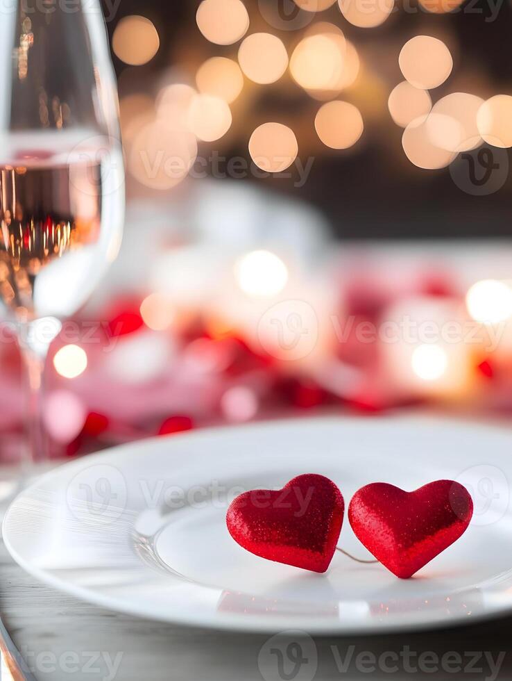Valentine's day dinner table with red hearts and wine glass photo