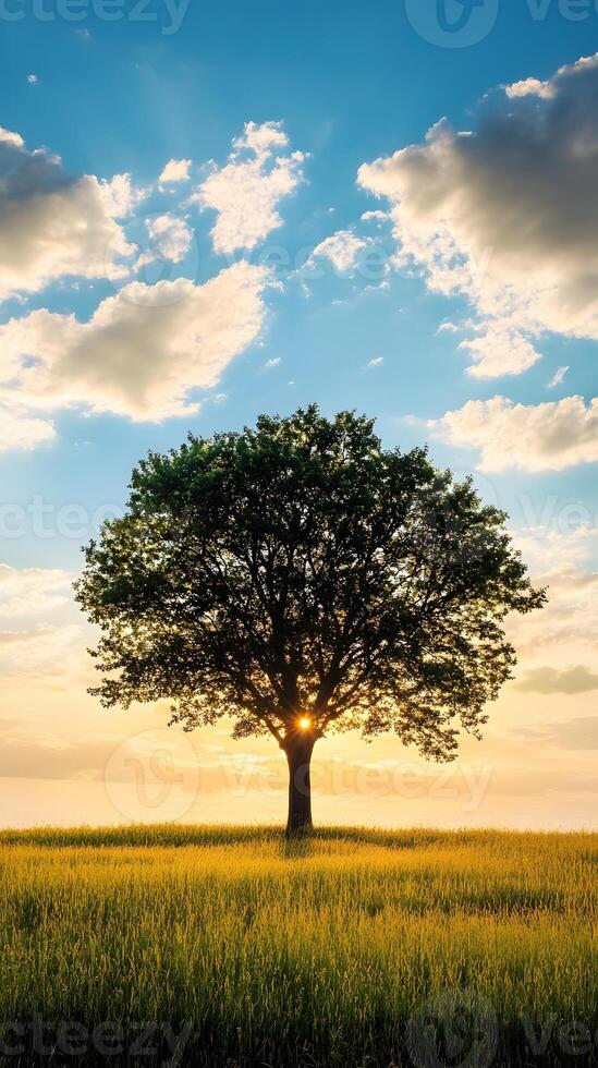 A lone tree in a field at sunset photo