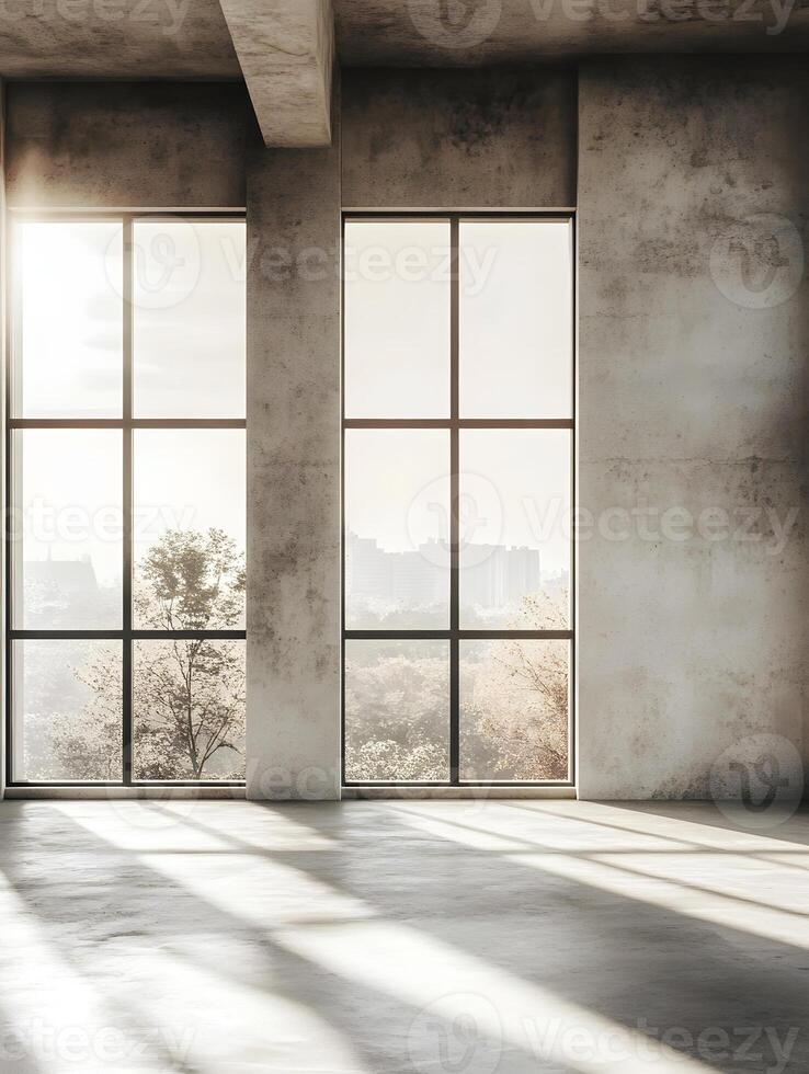 Empty room with large windows and sunlight photo