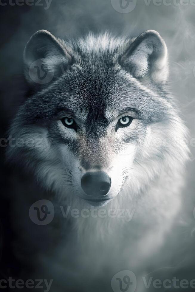 A wolf is looking into the camera in the fog photo