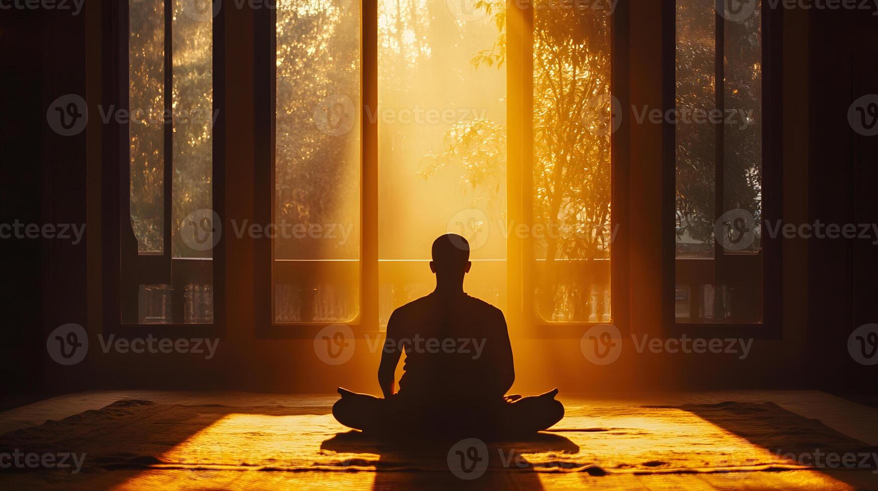 A man is sitting in meditation in front of a window photo