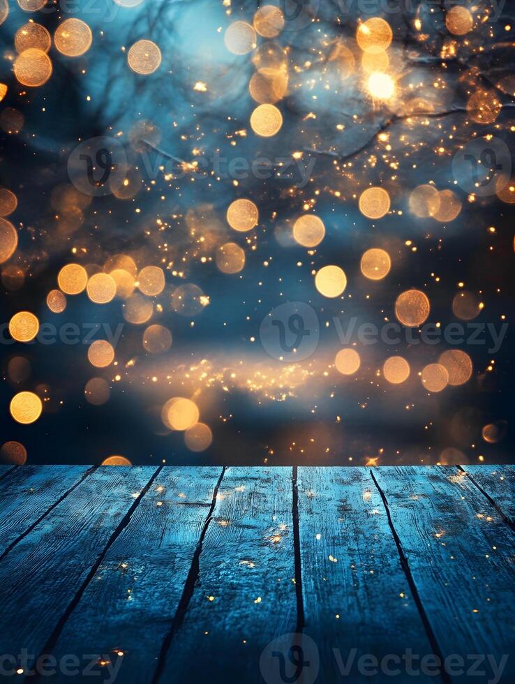 Wooden table with bokeh lights on the background photo
